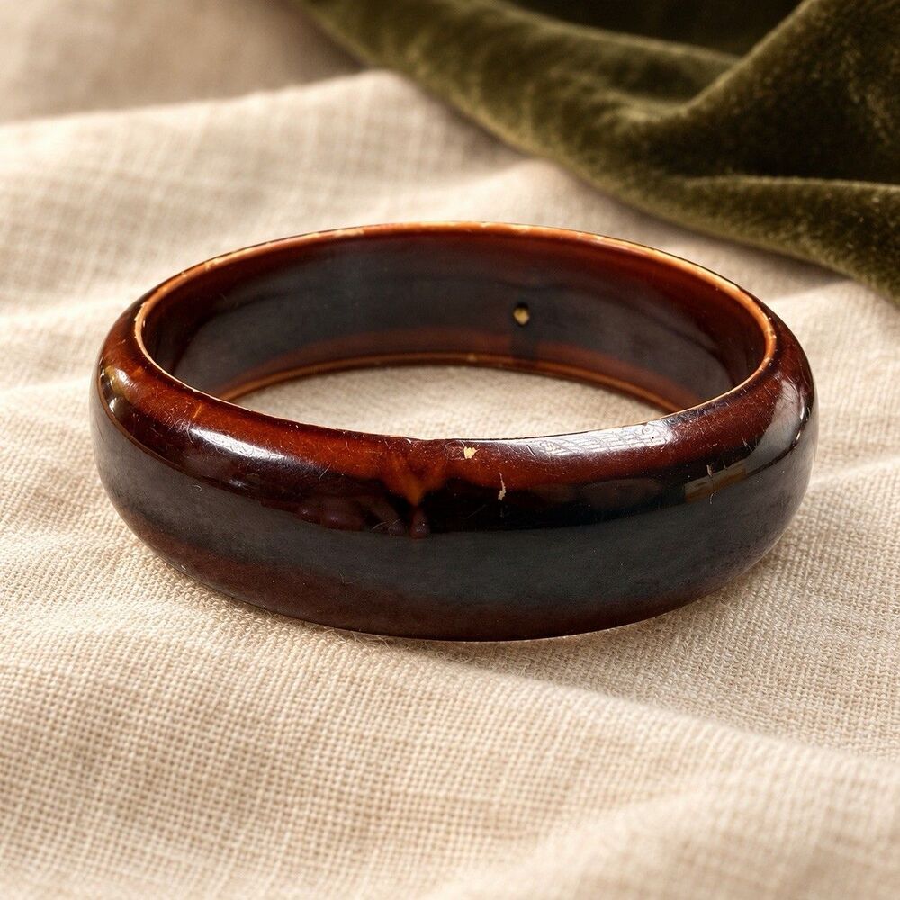 Vintage 1970s Chunky Brown & Black Wide Bangle Bracelet Wood Look Statement